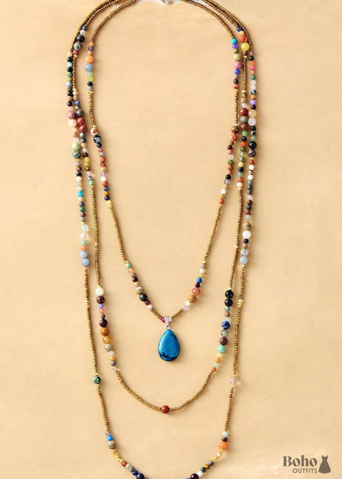 Boho Necklace, 3 Layers, White Natural Stone, Teardop Pendant